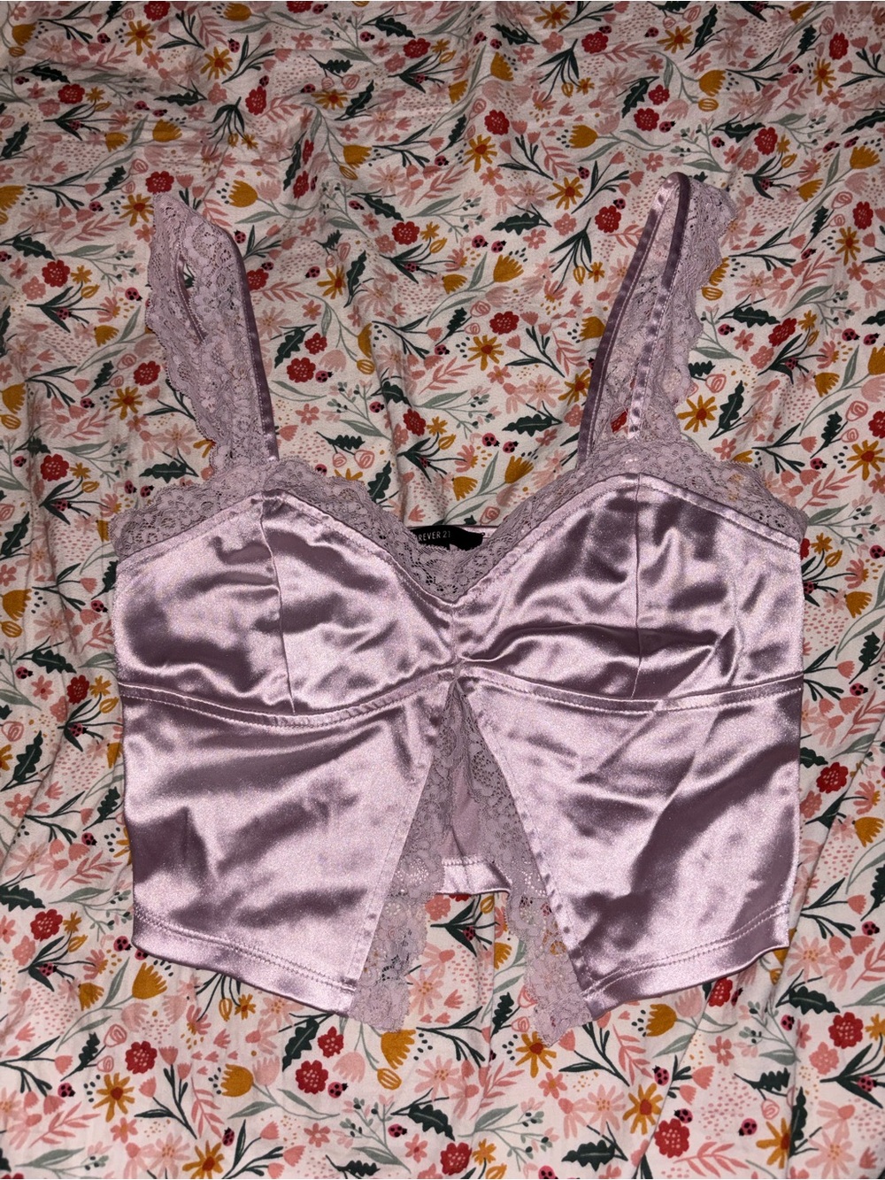 Forever 21 Lavender Satin Lace-Trim Bustier Crop Top